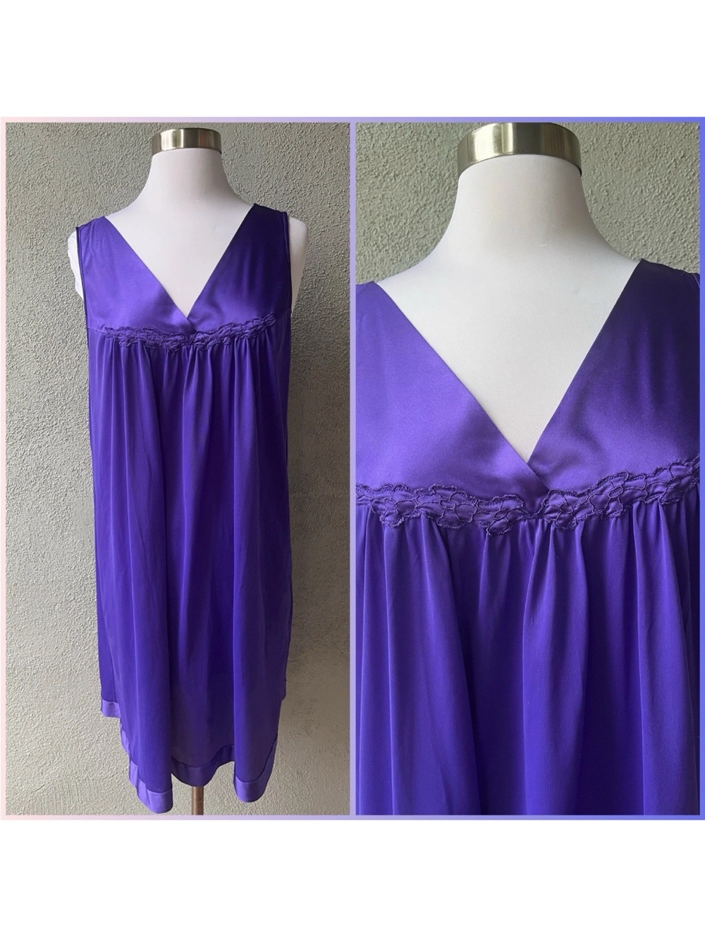 💕 Vtg Vanity Fair Royal Purple Pleated Nightgown - Size L 💕